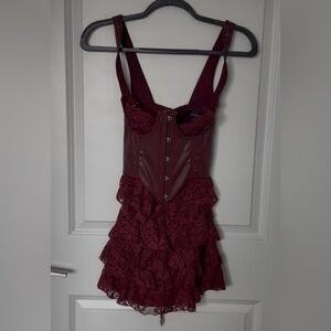 Lace Tiered Corset Mini Dress in Burgundy